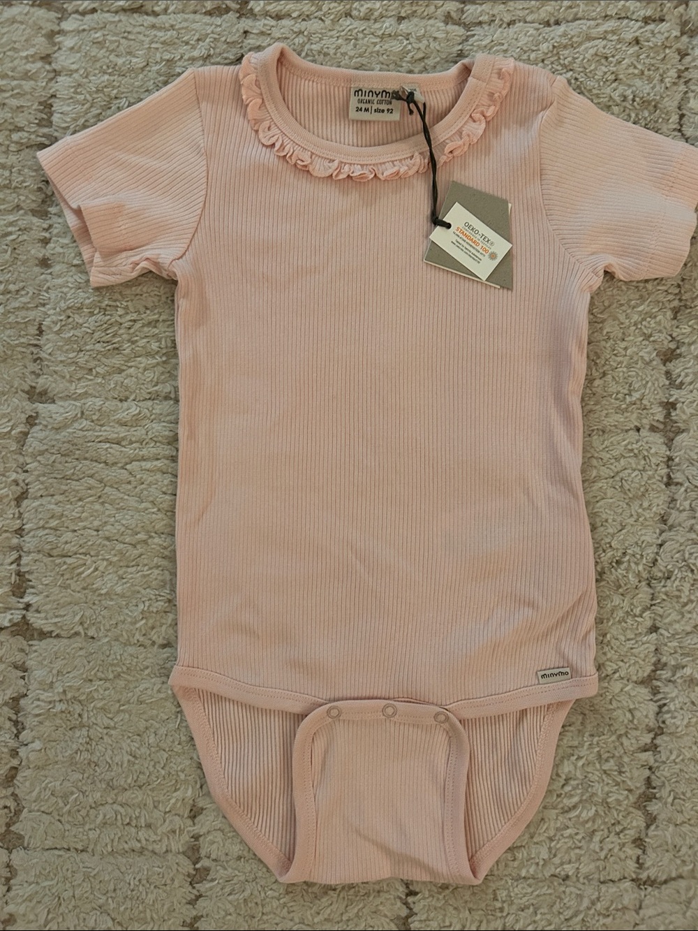 NWT MinyMo organic cotton Pink Ribbed Short-Sleeve Baby One-Piece 24m